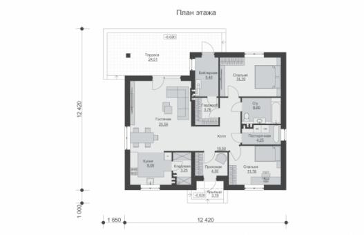 Одноэтажный дом террасой и отделкой штукатуркой